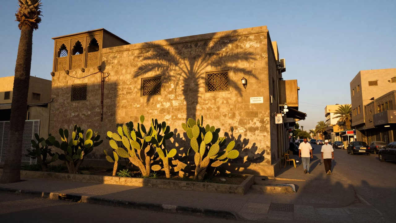 Cairo Egypt Sunset Street Scene with Prickly Pear Cactus and Traditional Architecture in in Cairo, Egypt