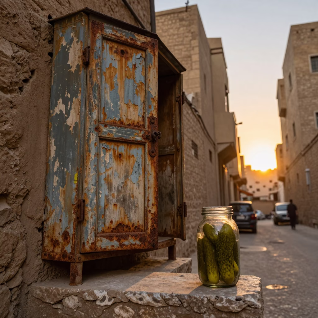 Cairo Egypt sunset street scene with rusted cabinet door and pickle jar in in Cairo, Egypt