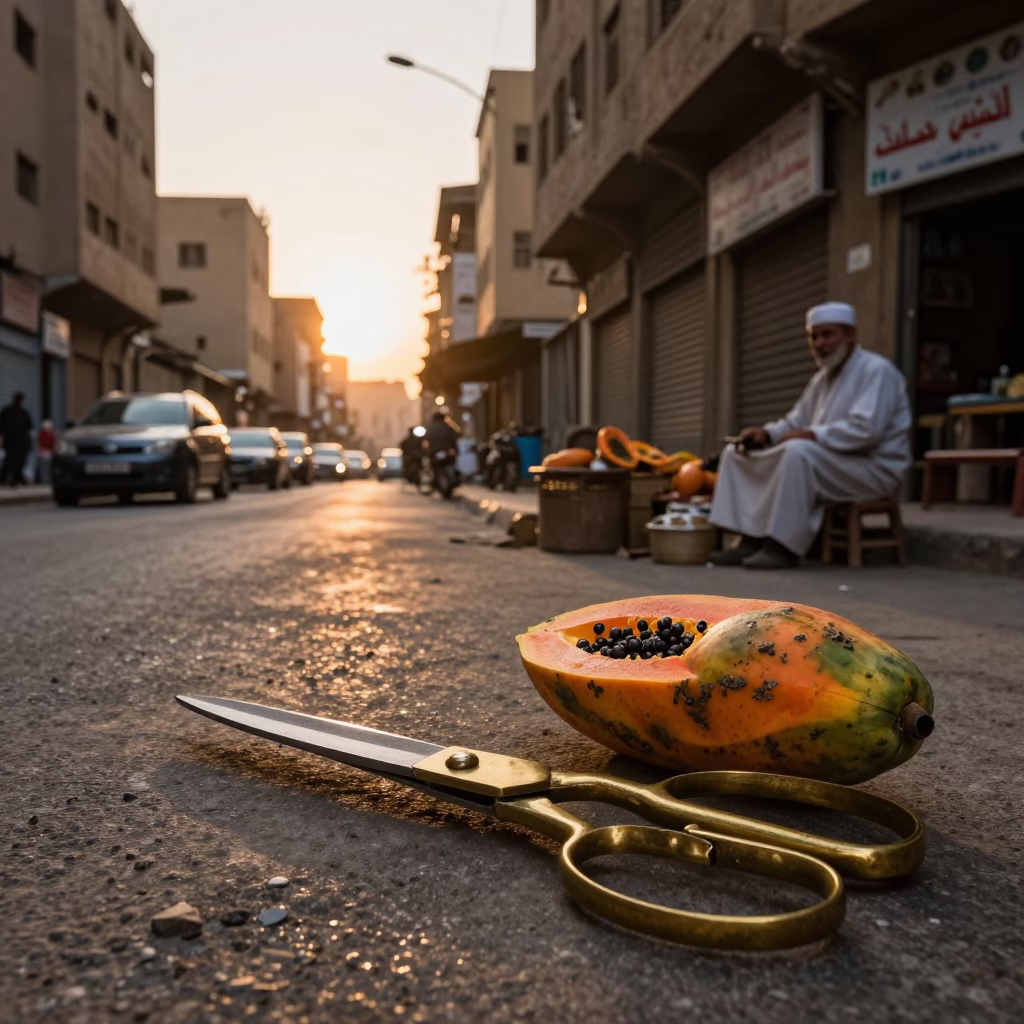 Cairo Egypt Sunset Street Scene with Tailor Shears and Papayas on Wooden Table in in Cairo, Egypt