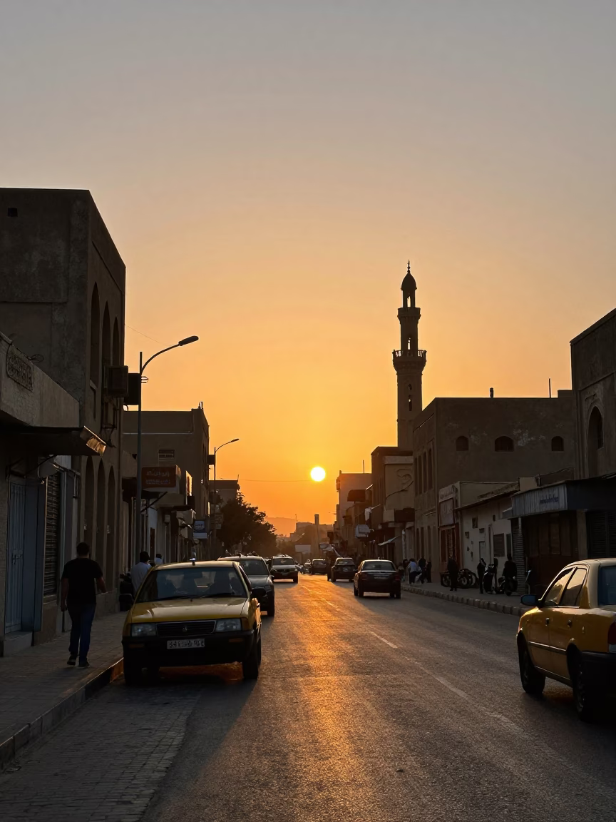 Cairo Egypt Sunset Street Scene with Taxi and Minaret Silhouette in in Cairo, Egypt