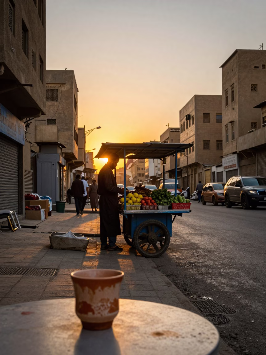 Cairo Egypt Sunset Street Scene with Tea Stains and Local Market Activity in in Cairo, Egypt
