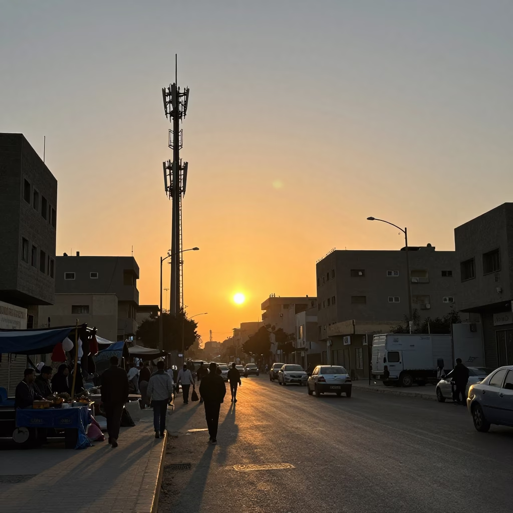 Cairo Egypt Sunset Street Scene with Telecommunication Mast and Local Market Activity in in Cairo, Egypt