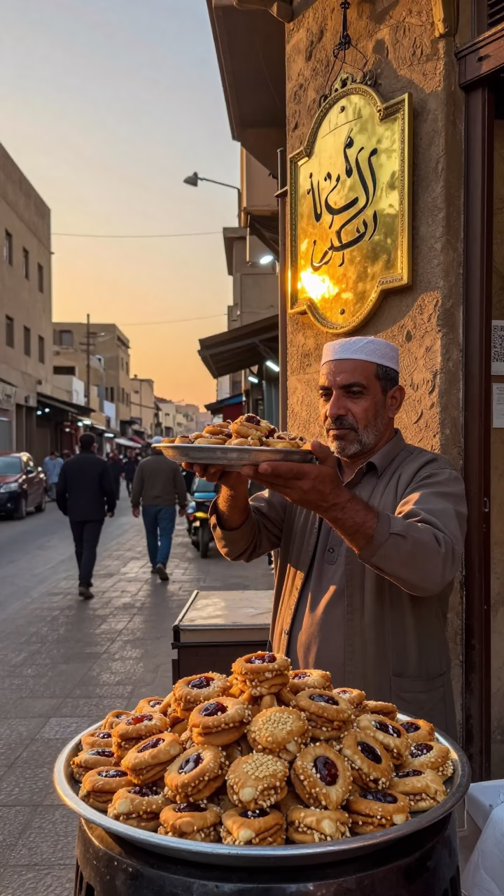 Cairo Egypt Sunset Street Scene with Traditional Maamoul Date Cookies and Brass Escutcheon Detail in in Cairo, Egypt