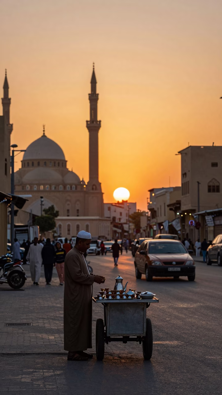 Cairo Egypt Sunset Street Scene with Traditional Tea Service and Daily Life in in Cairo, Egypt