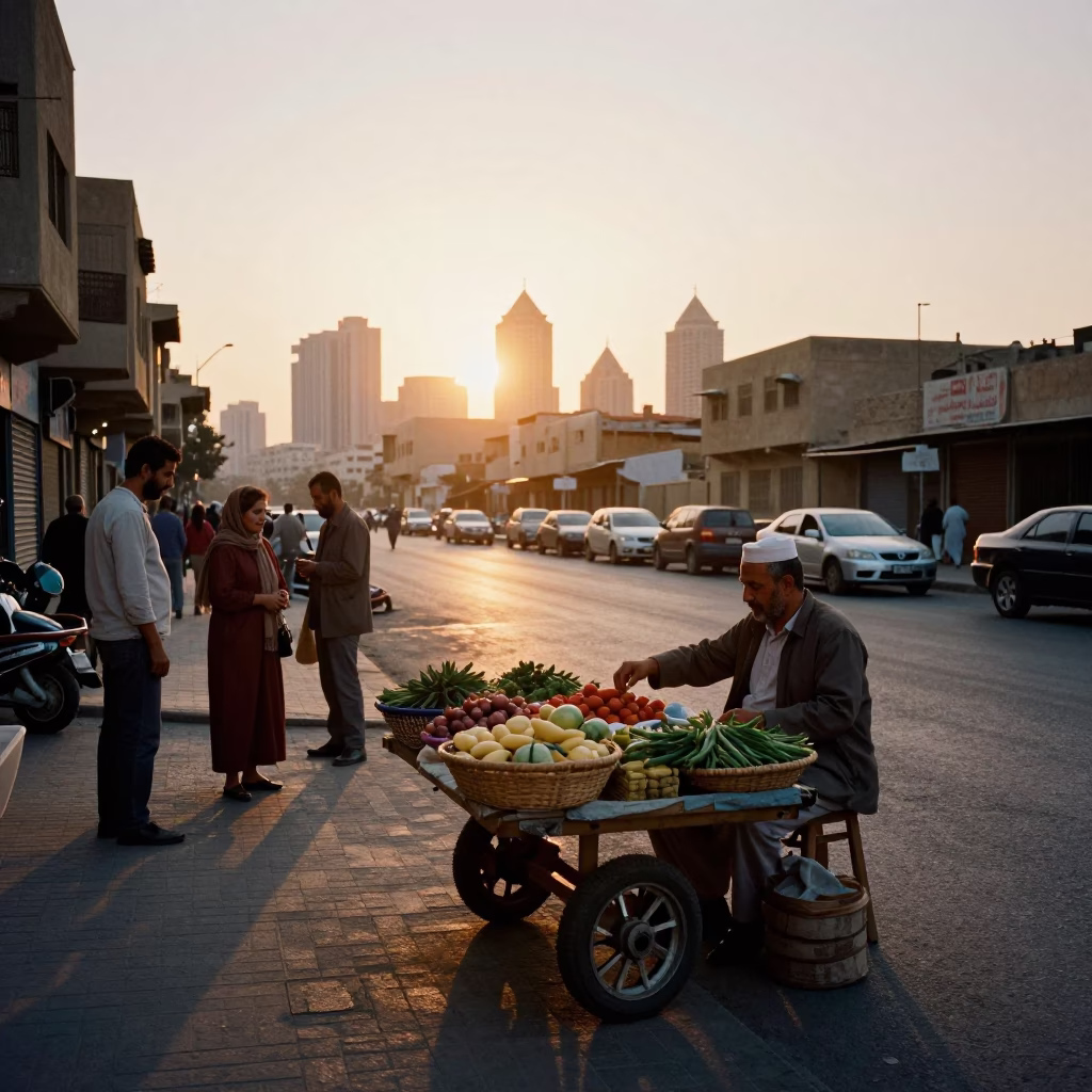 Cairo Egypt Sunset Street Scene with Vendor Basket and Traditional Awl Tools in in Cairo, Egypt