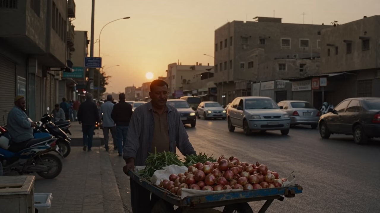 Cairo Egypt Sunset Street Scene with Vendors and Traffic in in Cairo, Egypt