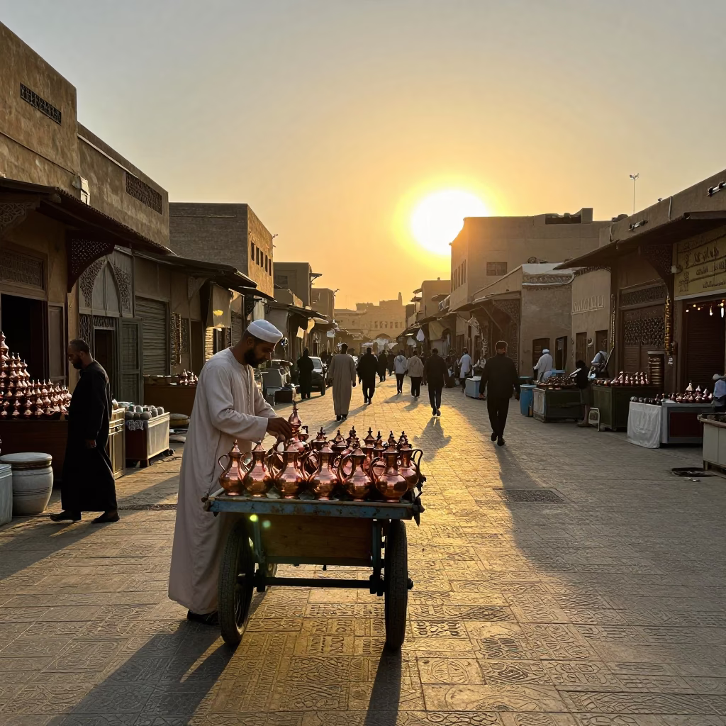 Cairo Egypt Sunset Street Scene with Vintage 1950s Aesthetic and Local Market Activity in in Cairo, Egypt