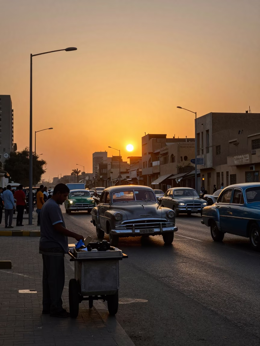 Cairo Egypt Sunset Street Scene with Vintage Car Rally and Local Life in in Cairo, Egypt