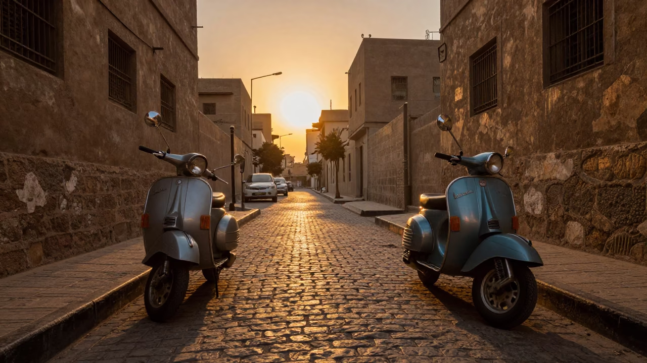 Cairo Egypt Sunset Street Scene with Vintage Vespa on Cobblestone Lane in in Cairo, Egypt
