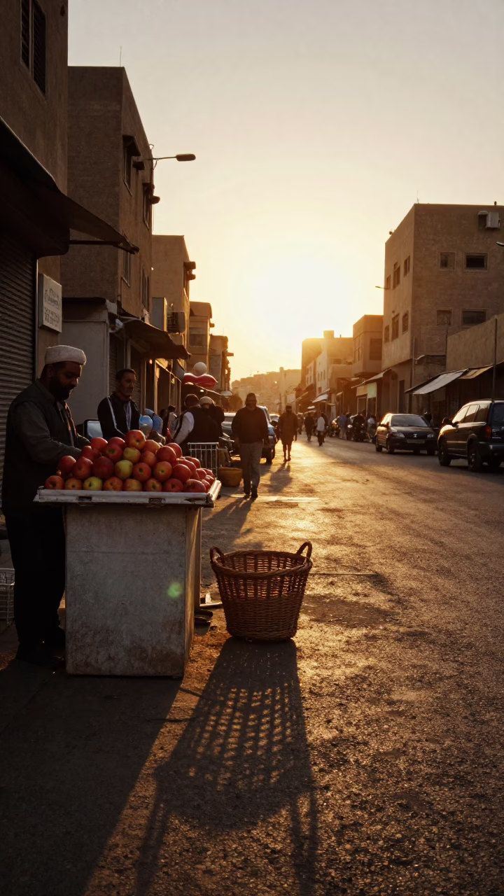 Cairo Egypt Sunset Street Scene with Wicker Basket Shadow and Apples in in Cairo, Egypt
