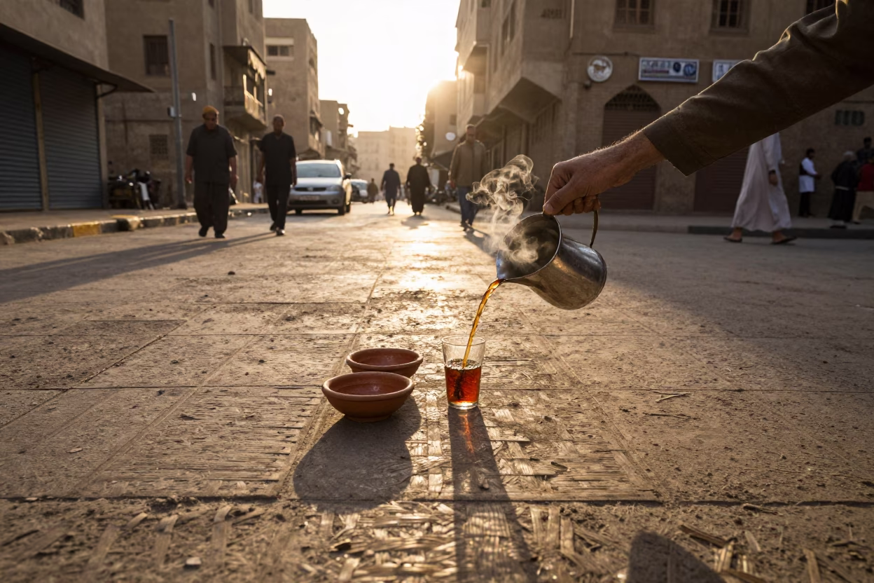 Cairo Egypt Sunset Street Scene with Wicker Shadows and Traditional Tea Service in in Cairo, Egypt