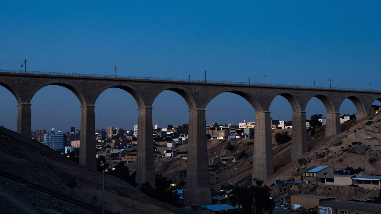 Cairo Egypt Twilight Railway Viaduct Arches Spanning Valley Horizon Shot 2000s in in Cairo, Egypt
