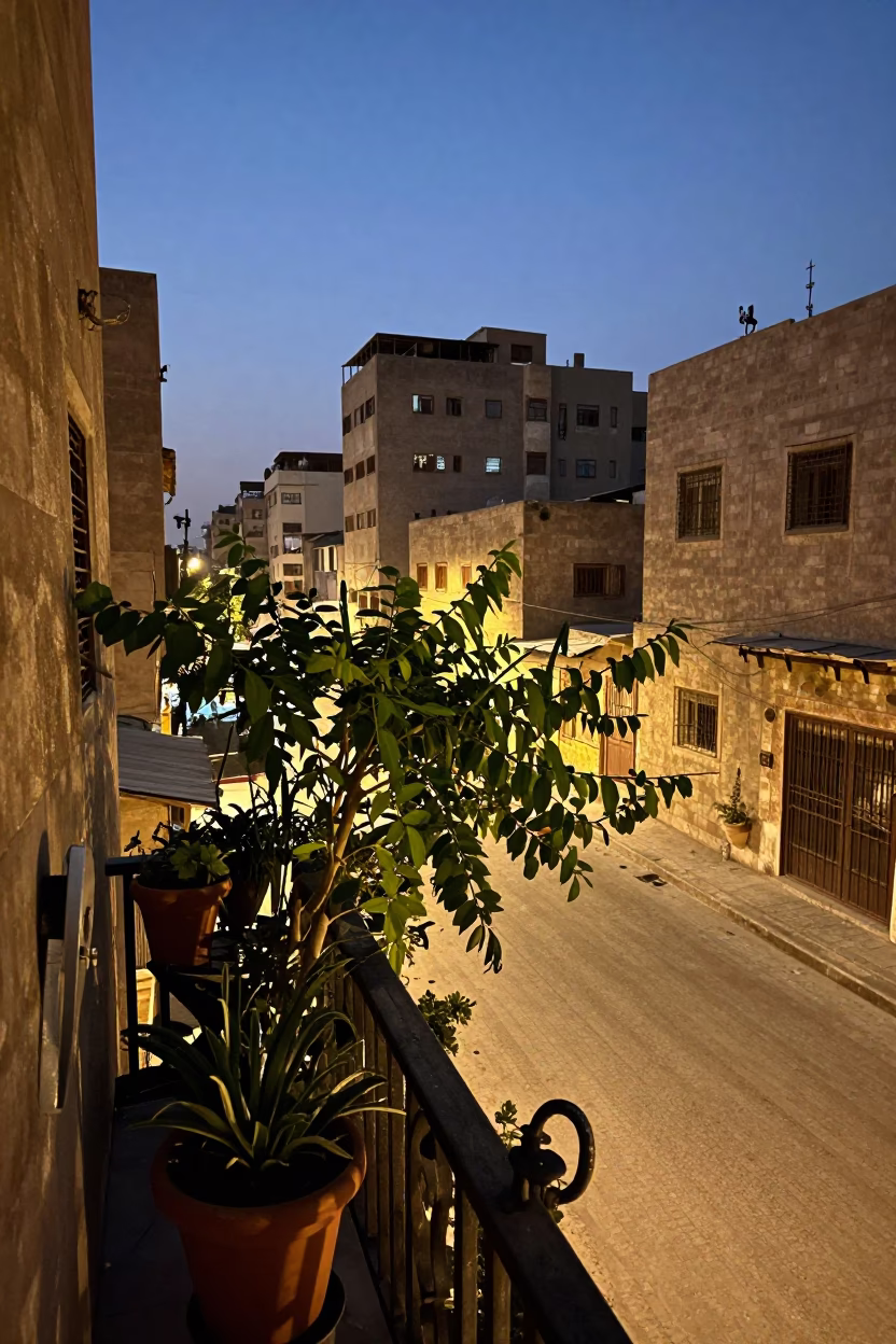 Cairo Egypt Twilight Street Scene with Potted Herbs and Gate Handle on Balcony in in Cairo, Egypt