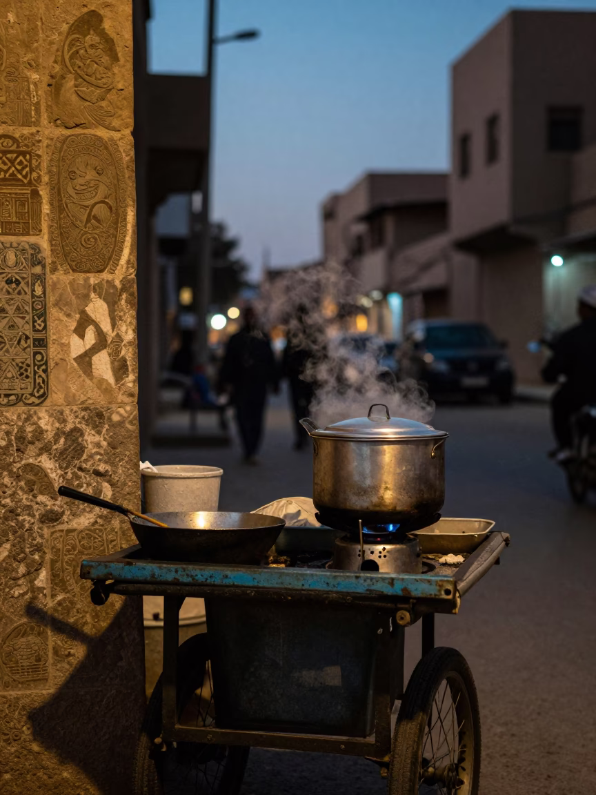 Cairo Egypt Twilight Street Scene with Saucepan and Calligraphy Brush Near Historic Architecture in in Cairo, Egypt