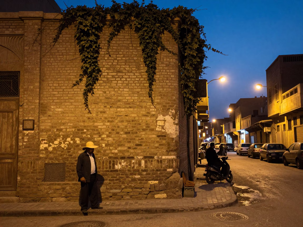 Cairo Egypt Twilight Street Scene with Sun Hat and Brick Wall Ivy in in Cairo, Egypt
