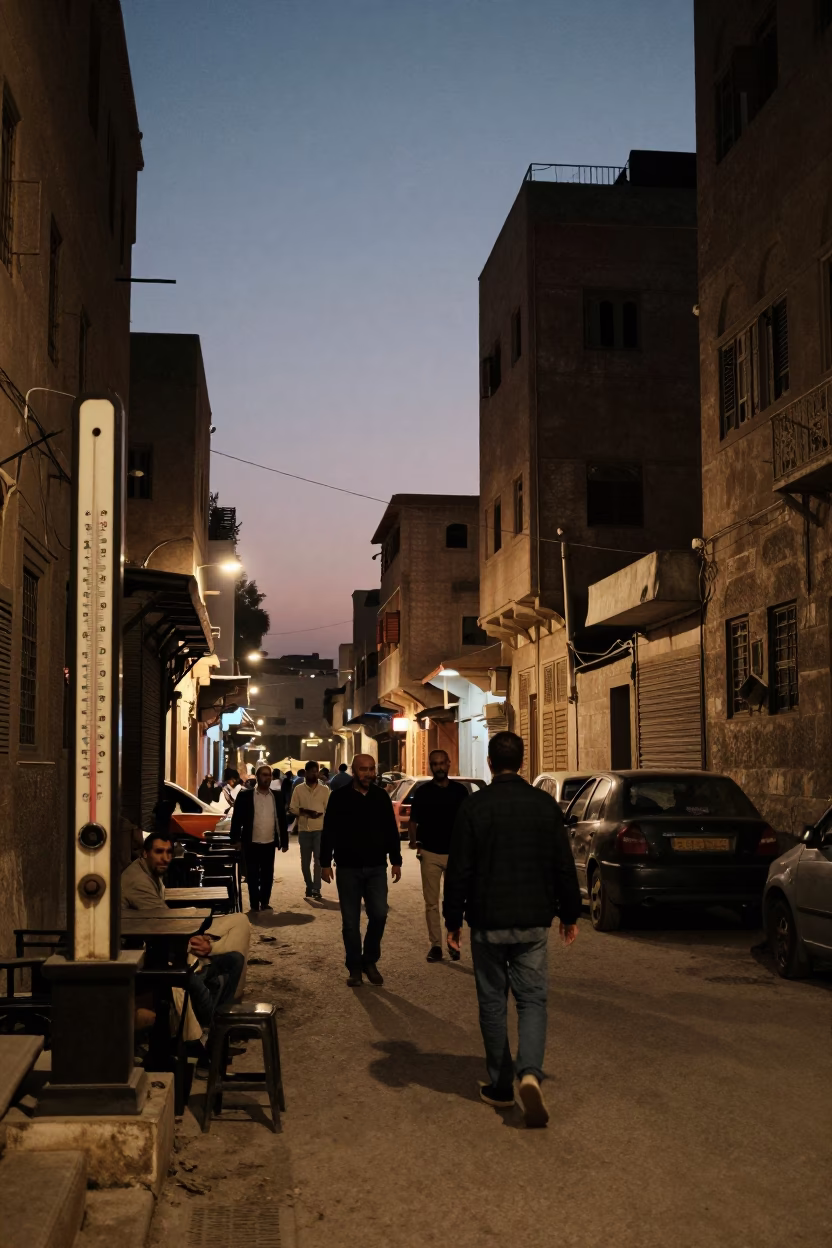 Cairo Egypt Twilight Street Scene with Thermometer and Local Interaction in in Cairo, Egypt
