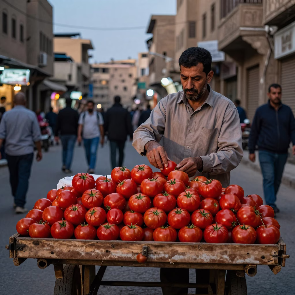 Cairo Egypt Twilight Street Scene with Tomato Vendor and Sewing Basket in in Cairo, Egypt