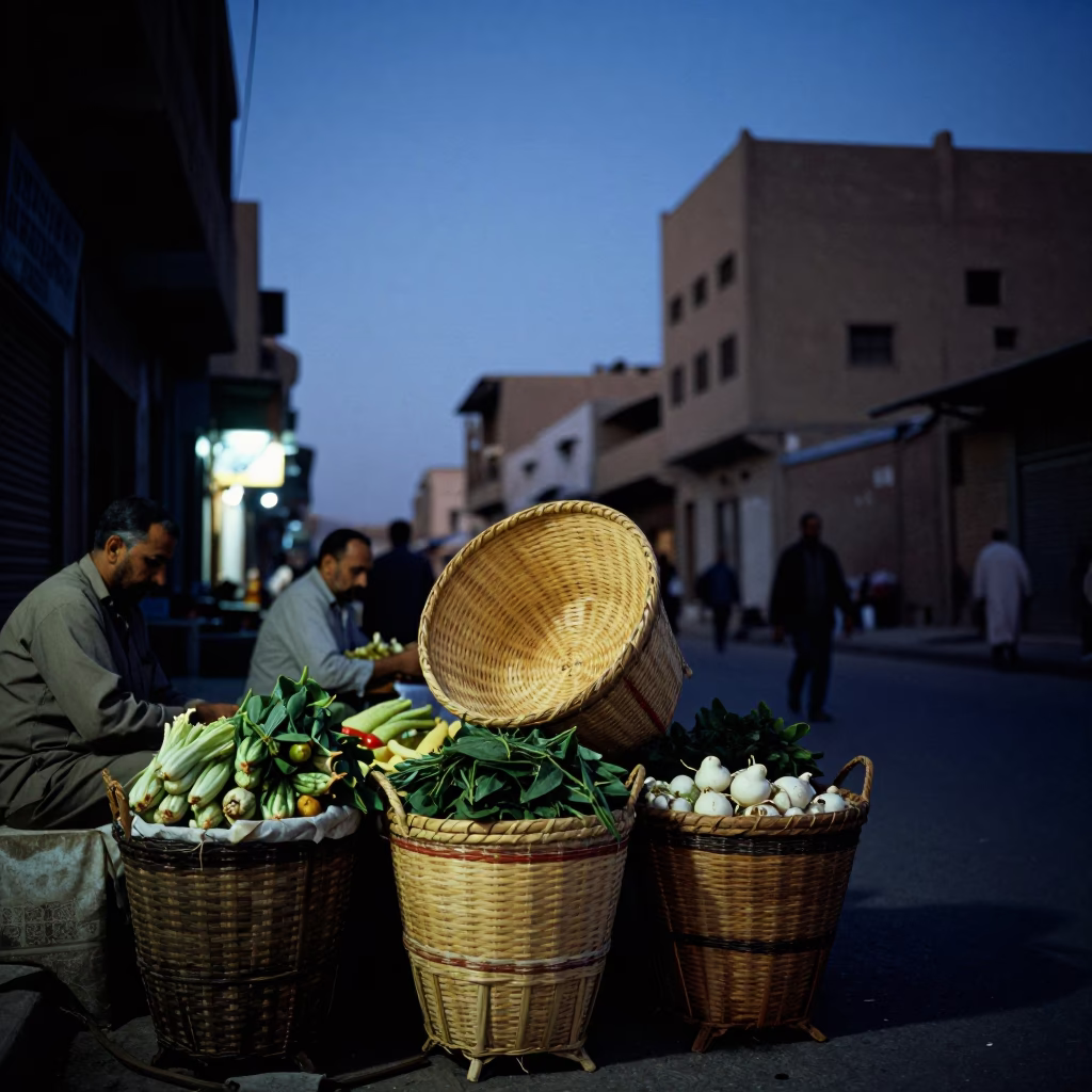 Cairo Egypt twilight street scene with vendor basket and woven fibers in in Cairo, Egypt