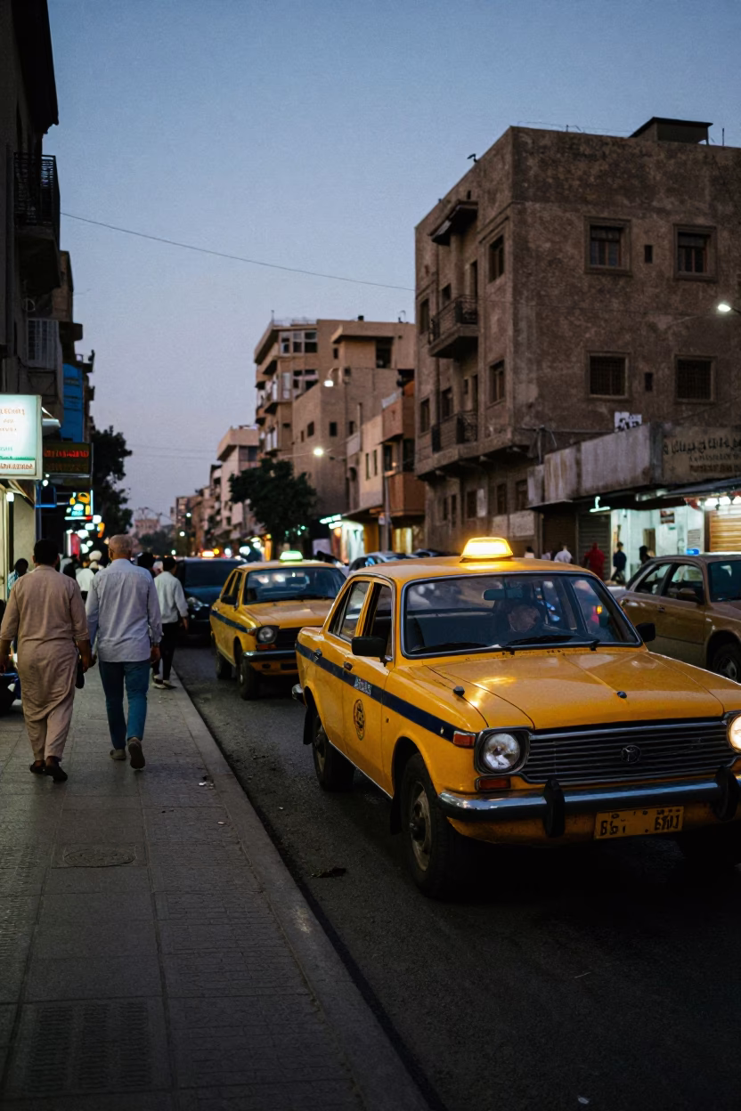 Cairo Egypt Twilight Street Scene with Yellow Taxi and Local Life in in Cairo, Egypt
