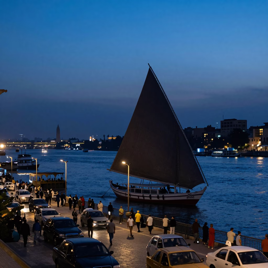 Cairo Evening Blue Hour Street Scene with Dhow Silhouette and Urban Activity in in Cairo, Egypt
