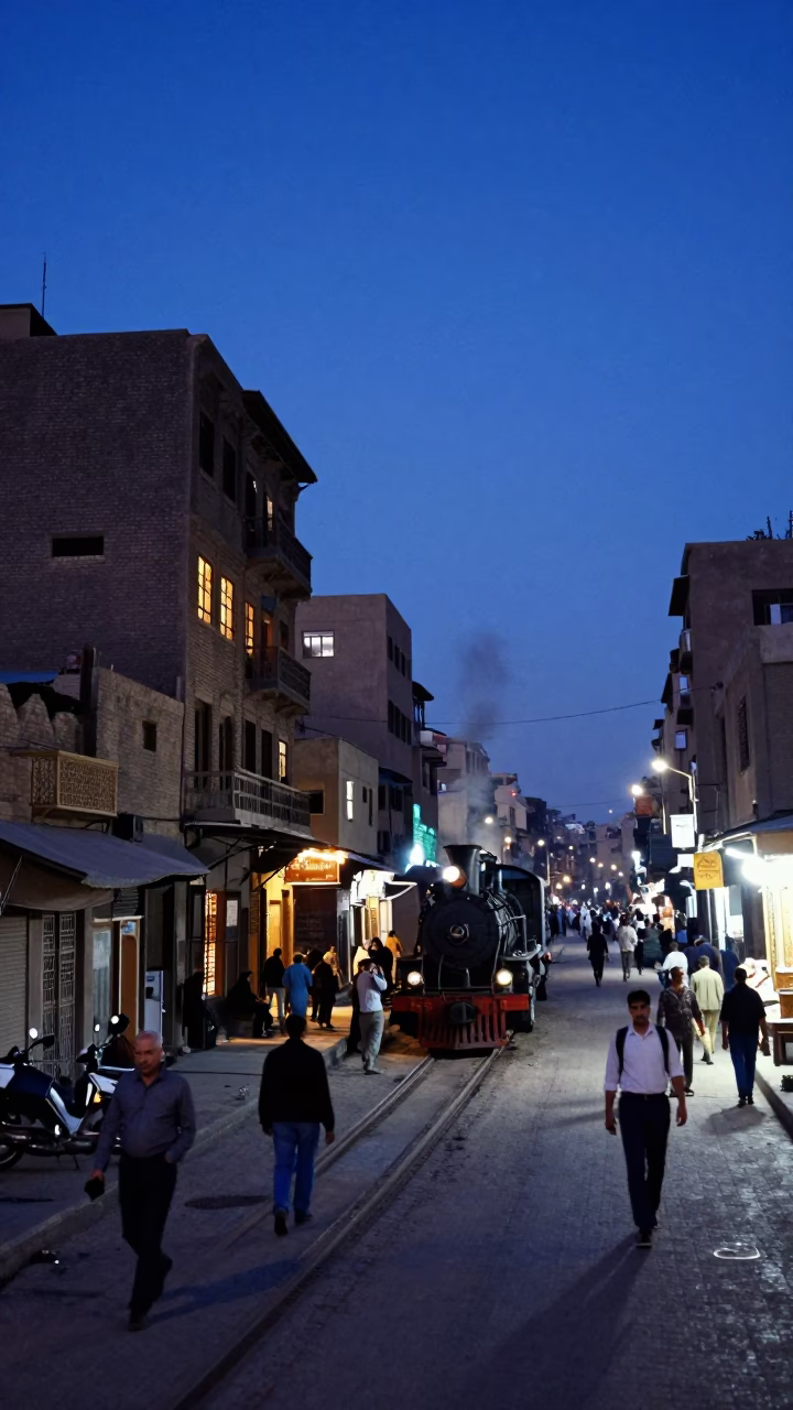 Cairo Evening Blue Light Street Scene with Steam Locomotive Bridge Crossing and Local Life in in Cairo, Egypt