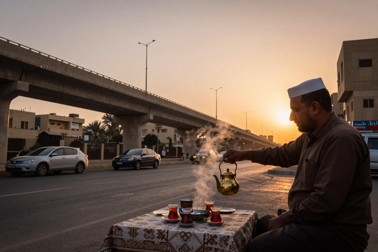 Cairo Evening Highway Flyover and Traditional Tea Service with Geraniums in in Cairo, Egypt