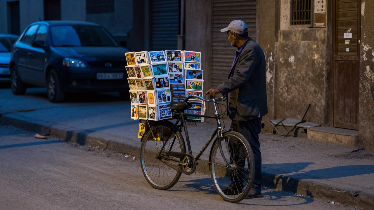 Cairo Evening Street Scene with Bicycle and Postcards in Last Blue Light in in Cairo, Egypt