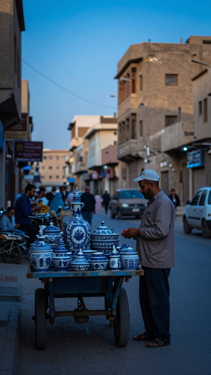 Cairo Evening Street Scene with Blue and White Porcelain Jar and Vintage Car Rally in in Cairo, Egypt
