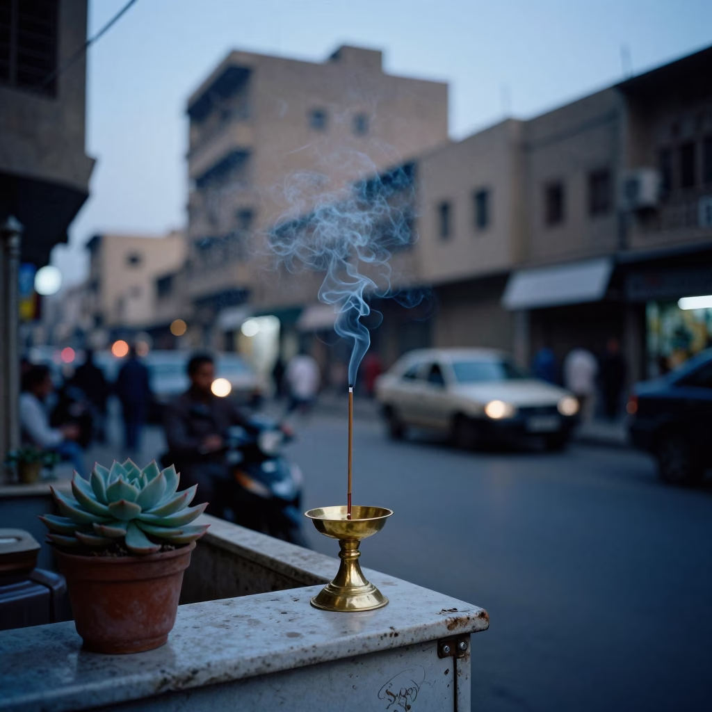 Cairo Evening Street Scene with Incense Holder and Succulents in Blue Light in in Cairo, Egypt