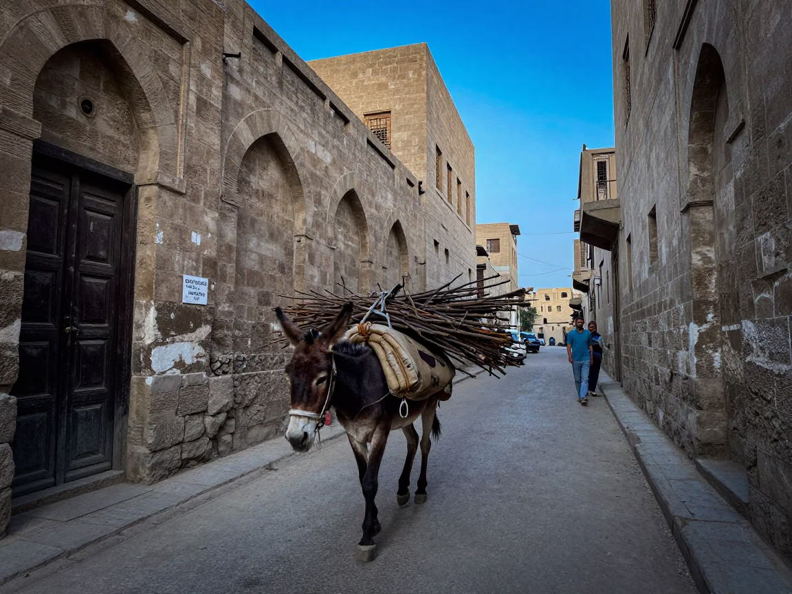 Cairo Evening Street Scene with Man Loading Donkey with Firewood Under Twilight Sky in in Cairo, Egypt