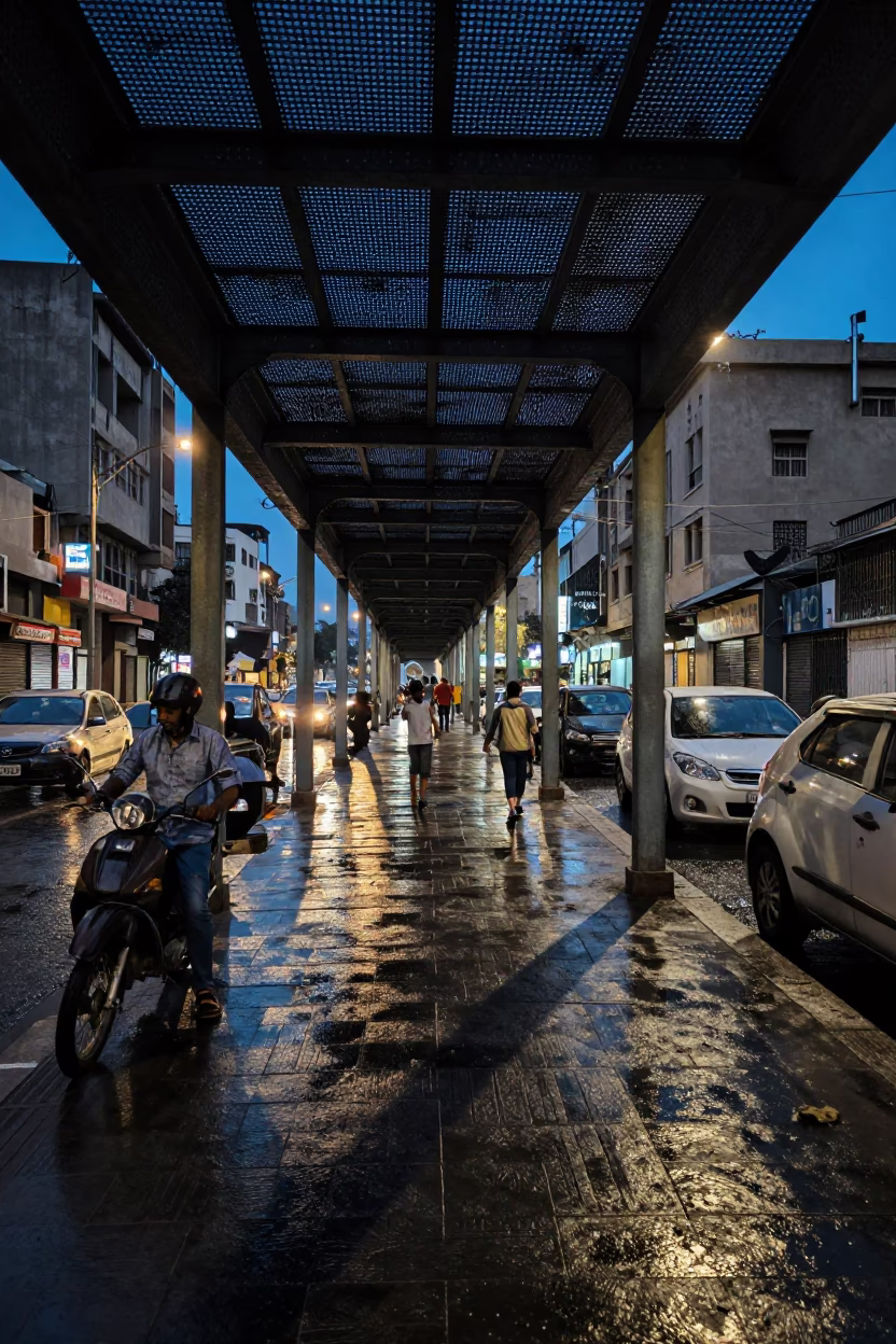 Cairo Evening Street Scene with Metal Overpass and Wet Footsteps Under Blue Light in in Cairo, Egypt
