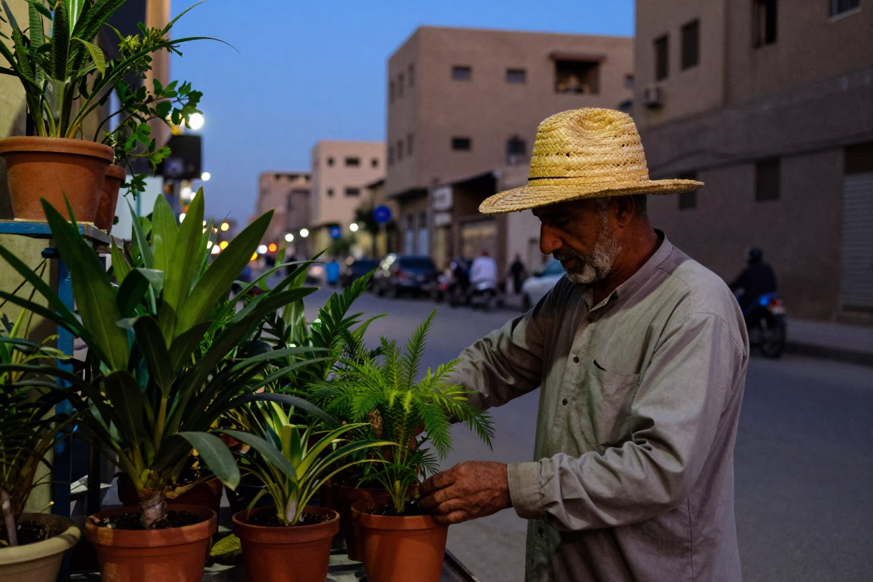 Cairo Evening Street Scene with Straw Hat and Houseplant in Blue Light in in Cairo, Egypt