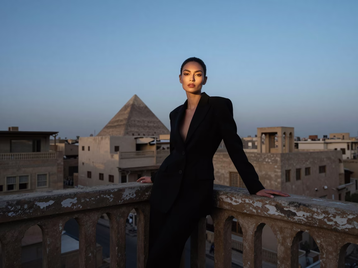 Cairo Fashion Portrait at The Still Hours Before Dawn Light in in Cairo, Egypt