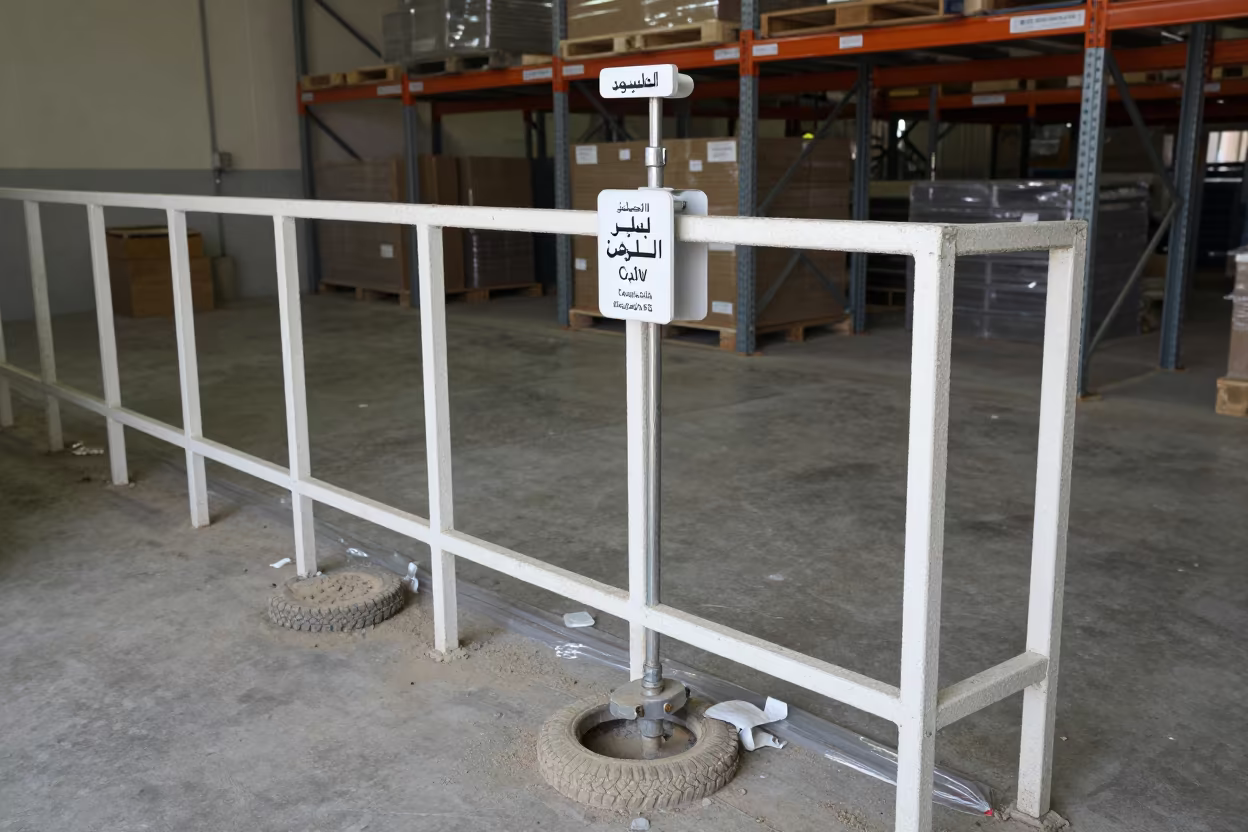 Cairo Fulfillment Center Eyewash Tag Rail in inside a fulfillment packing zone in City of the Dead, Cairo