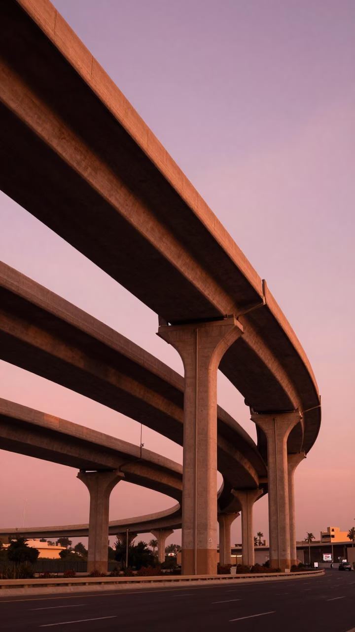Cairo Highway Flyover Stack in Copper Toned Dusk Light with Street Life in in Cairo, Egypt