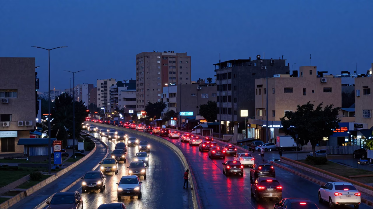 Cairo Indigo Twilight Overpass Interchange Glowing with Taillights After Rain in Egypt in in Cairo, Egypt