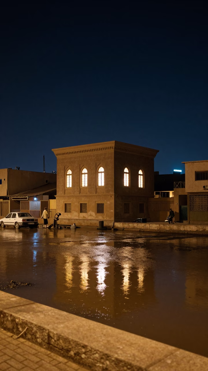 Cairo Midnight Street Scene with Glowing Pump House and Local Interaction in in Cairo, Egypt