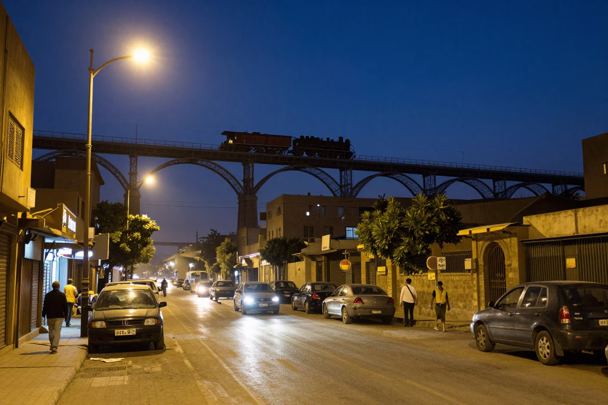 Cairo Midnight Street Scene with Steam Train Viaduct and Urban Activity in in Cairo, Egypt
