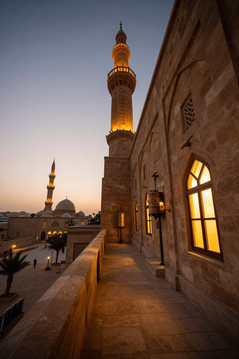Cairo Minaret Balcony Sunset Glow in beside a prayer wheel corridor in Cairo