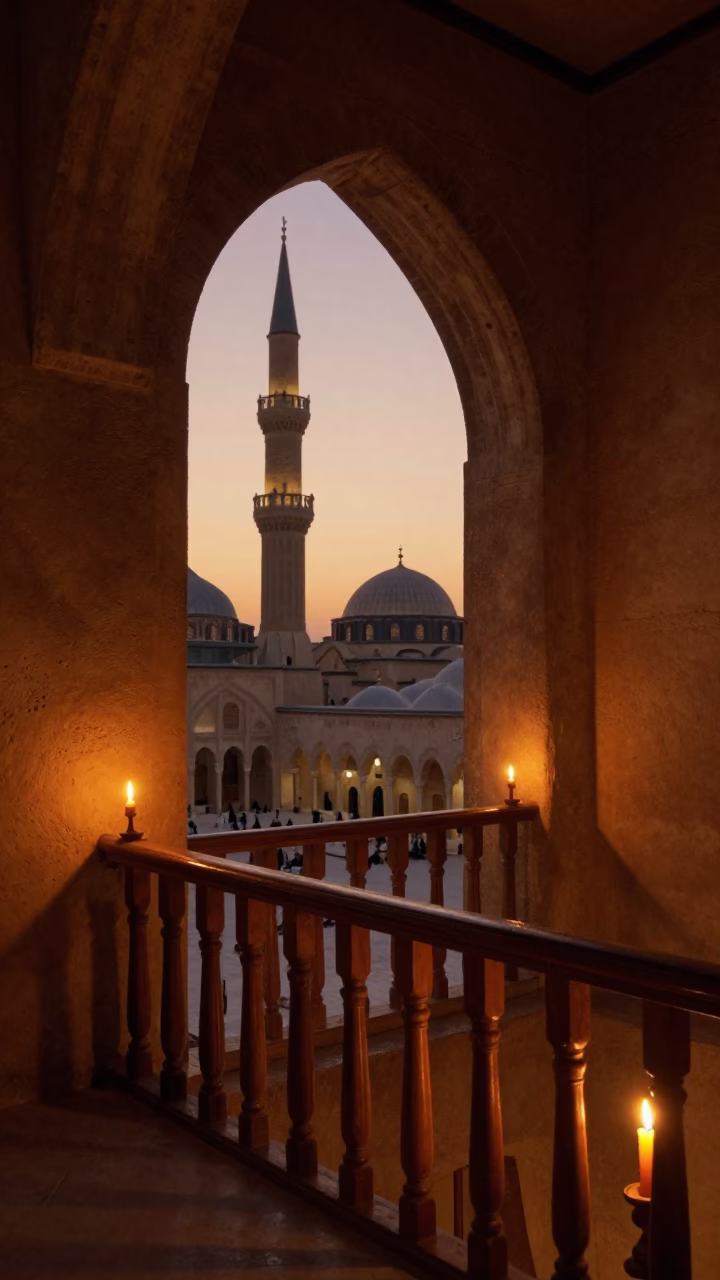 Cairo Nave Candlelight Minaret Sunset View in inside a candlelit nave in Cairo
