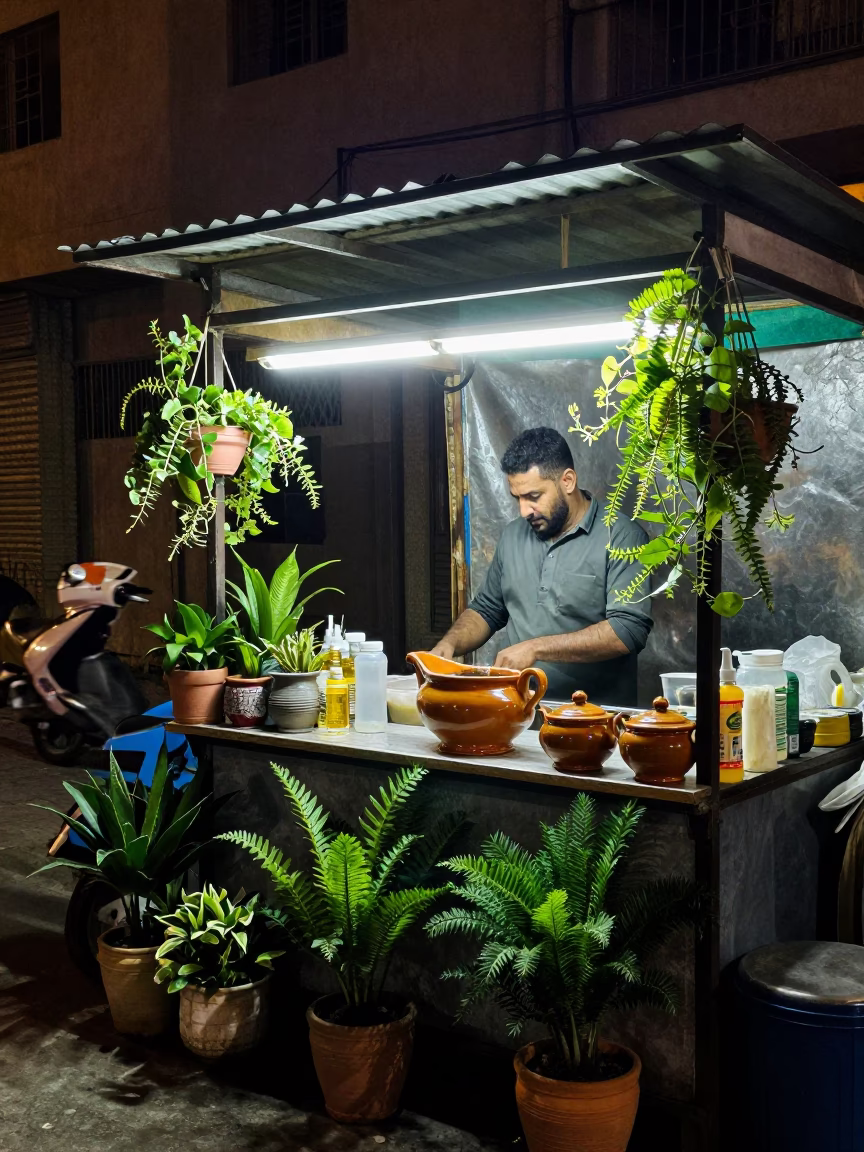 Cairo Night Market Stall with Houseplants and Ceramic Gravy Boat Under Streetlight in in Cairo, Egypt