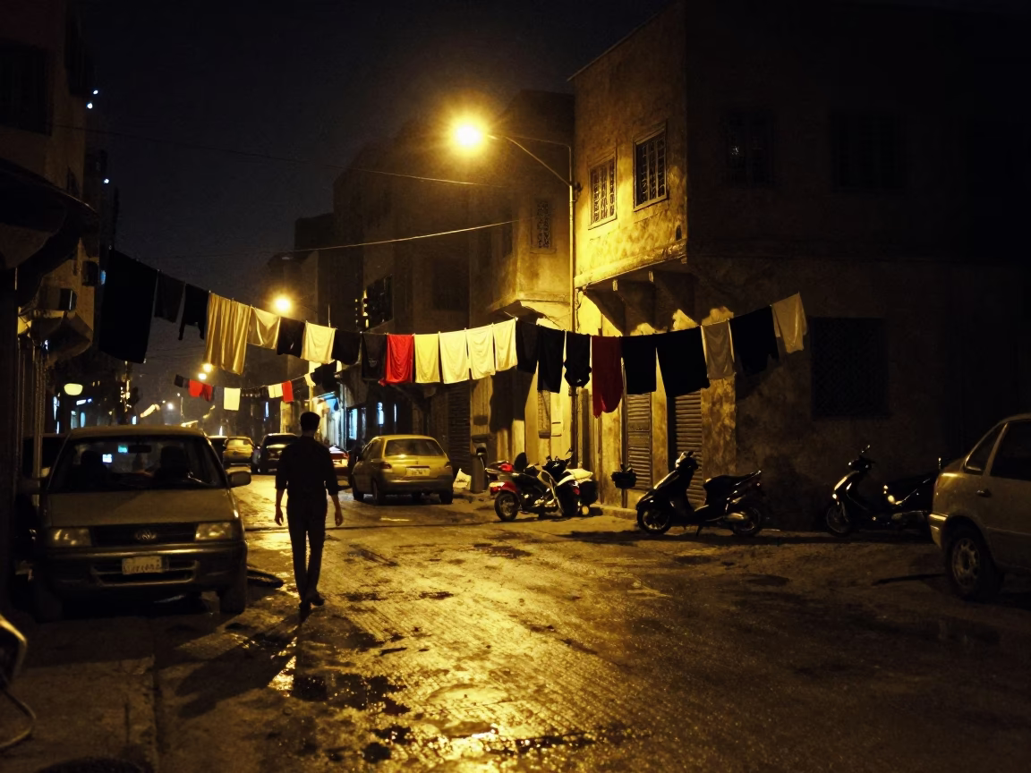 Cairo Night Street Scene with Laundry and Golden Reflections in in Cairo, Egypt