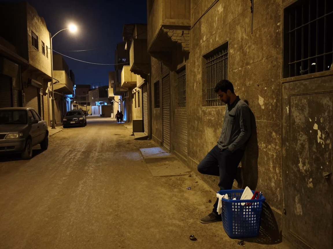 Cairo Night Street Scene with Padlock and Laundry Basket Amidst Urban Life in in Cairo, Egypt
