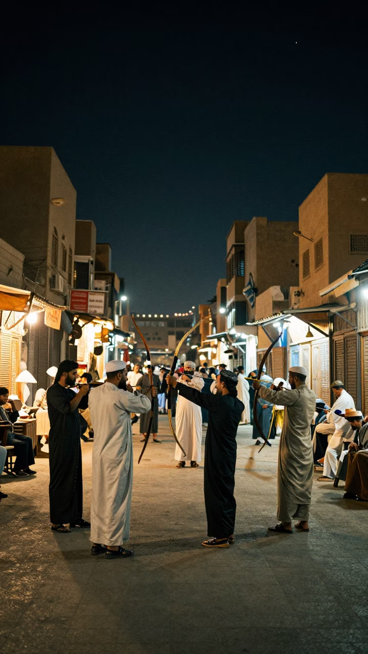 Cairo Night Street Scene with Traditional Archery Contest and Urban Details in in Cairo, Egypt
