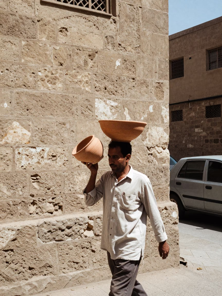 Cairo Noon Street Scene with Man Carrying Terracotta Bowl Near Historic Stone Architecture in in Cairo, Egypt