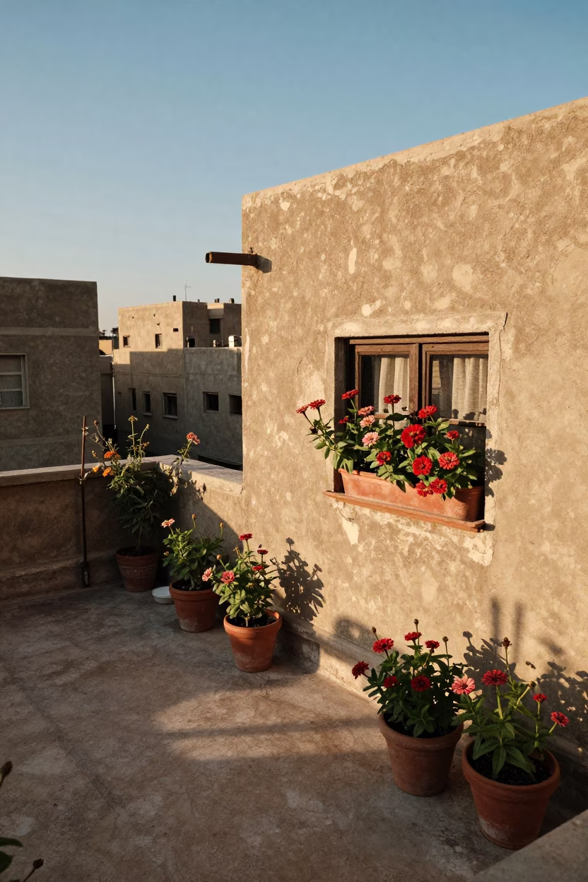 Cairo rooftop terrace summer evening with zinnias in window box in in Cairo, Egypt