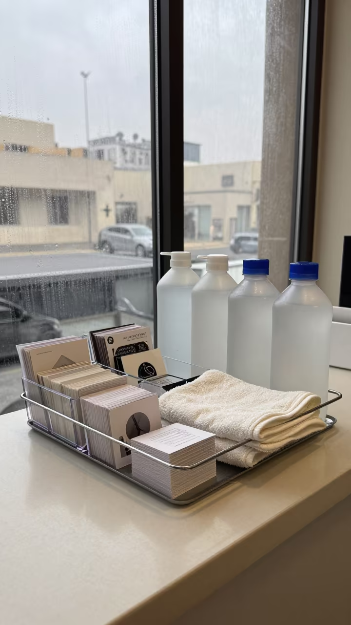 Cairo Salon Counter Organizer with Morning Condensation in at a salon reception counter in Cairo