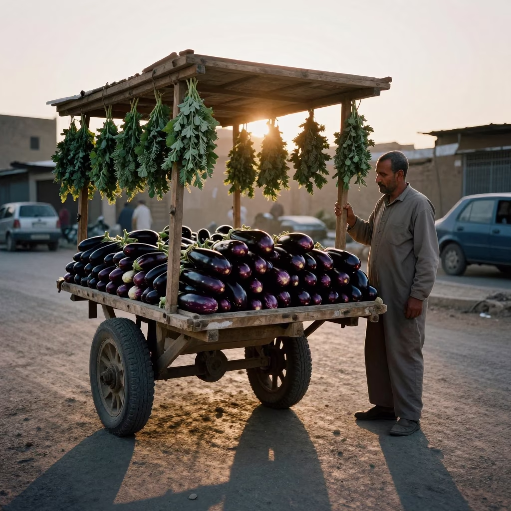 Cairo Selling Eggplants at As The Sun Drops Toward The Horizon in in Cairo, Egypt