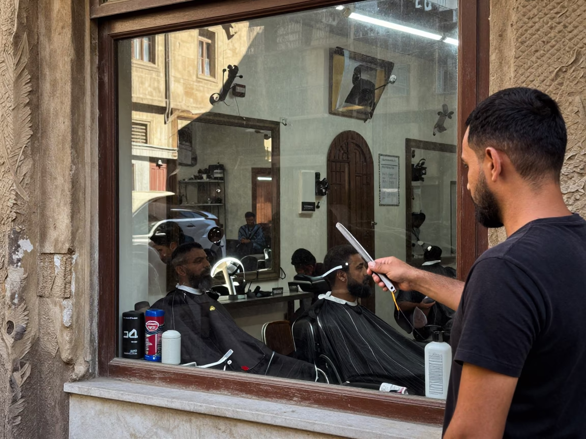 Cairo Street Barber Shop Window Display with Razor and Towel Hook in in Cairo, Egypt