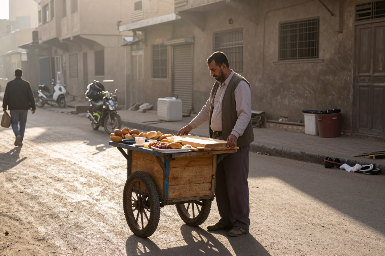 Cairo Street Breakfast Scene with Bread Board and Morning Dust in Egypt in in Cairo, Egypt